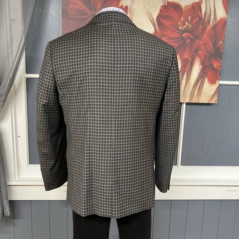Egara‎ Blazer Jacket Sport Coat Mens 44R Slim Fit Wool Brown/Gray Gingham